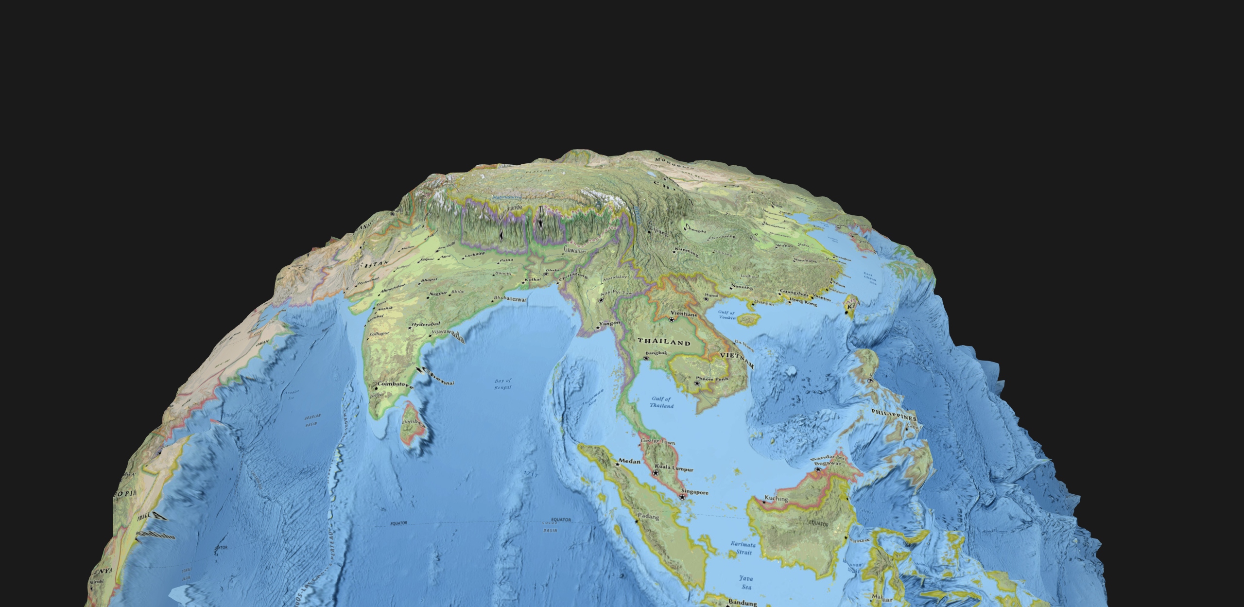 Screenshot created from app of elevation exaggeration showing elevation of India vs Tibet